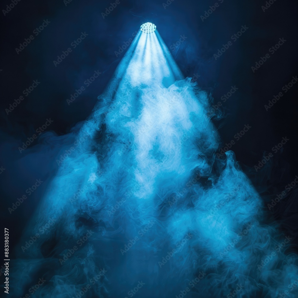 Poster a focused beam of blue light illuminating through a cloud of smoke on a dark backdrop, emulating a t