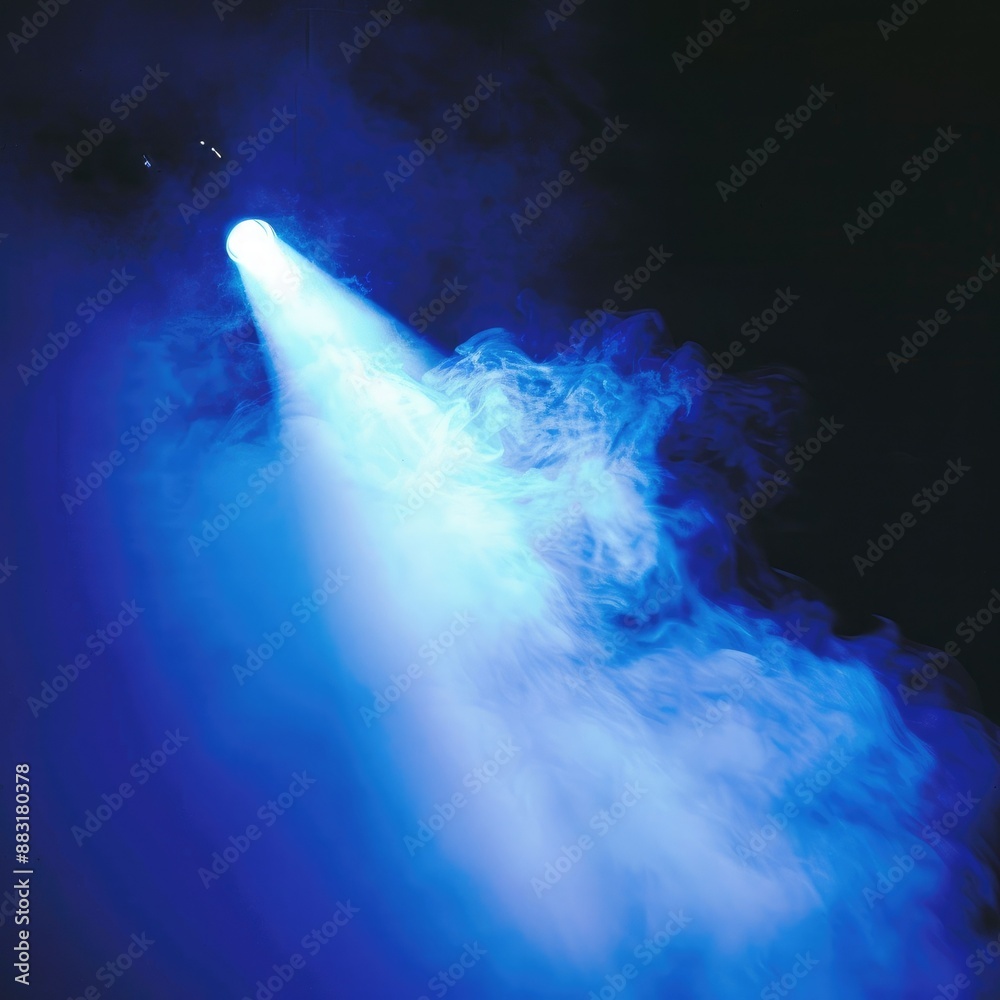 Poster a focused beam of blue light illuminating through a cloud of smoke on a dark backdrop, emulating a t