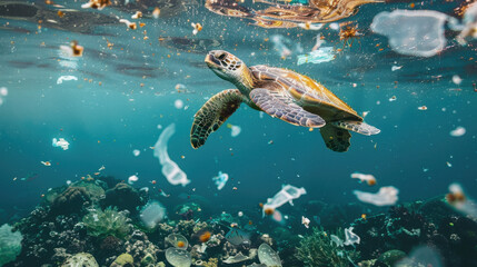 Obraz premium Sea turtle swimming amidst ocean pollution and plastic waste in coral reef ecosystem