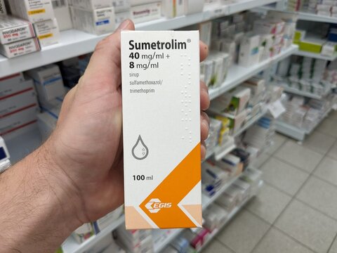 Prague, Czech Republic - July 10 2024: SUMETROLIM box of medication with SULFAMETHOXAZOLE and TRIMETHOPRIM active substances by TEVA, used for treatment of bacterial infections.

