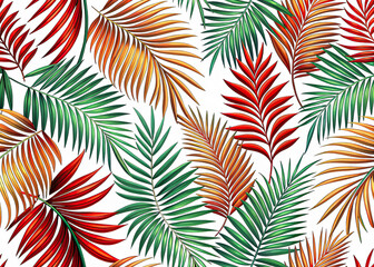 Illustrated seamless pattern featuring green palm leaves on a black background. Generative AI