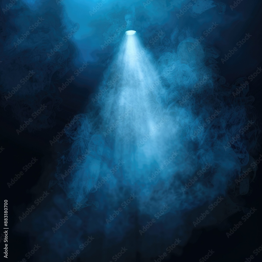 Poster a blue vector spotlight shining through dense smoke on a dark backdrop, creating a surreal and inten
