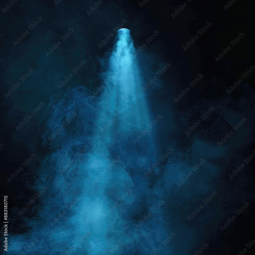 Poster a blue vector spotlight shining through dense smoke on a dark backdrop, creating a surreal and inten