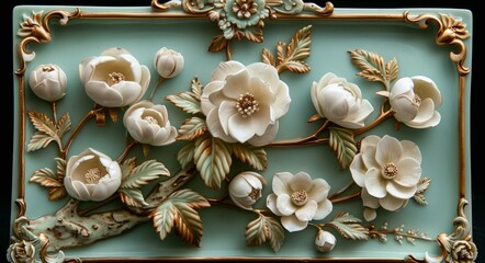 Decorative Blue and Gold Floral Tile, Handmade Peacock Design