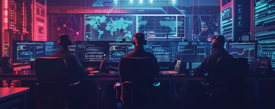 Three people working in a high-tech cybersecurity operations center with multiple monitors and digital maps in a dark, neon-lit room.
