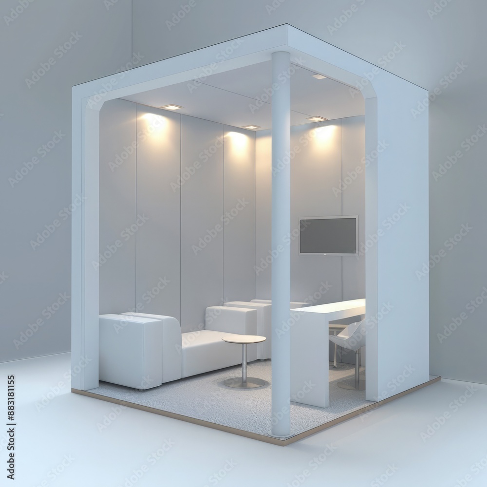 Poster A 3D render of a blank booth system featuring a unique, modular design that can be customized and rearranged.