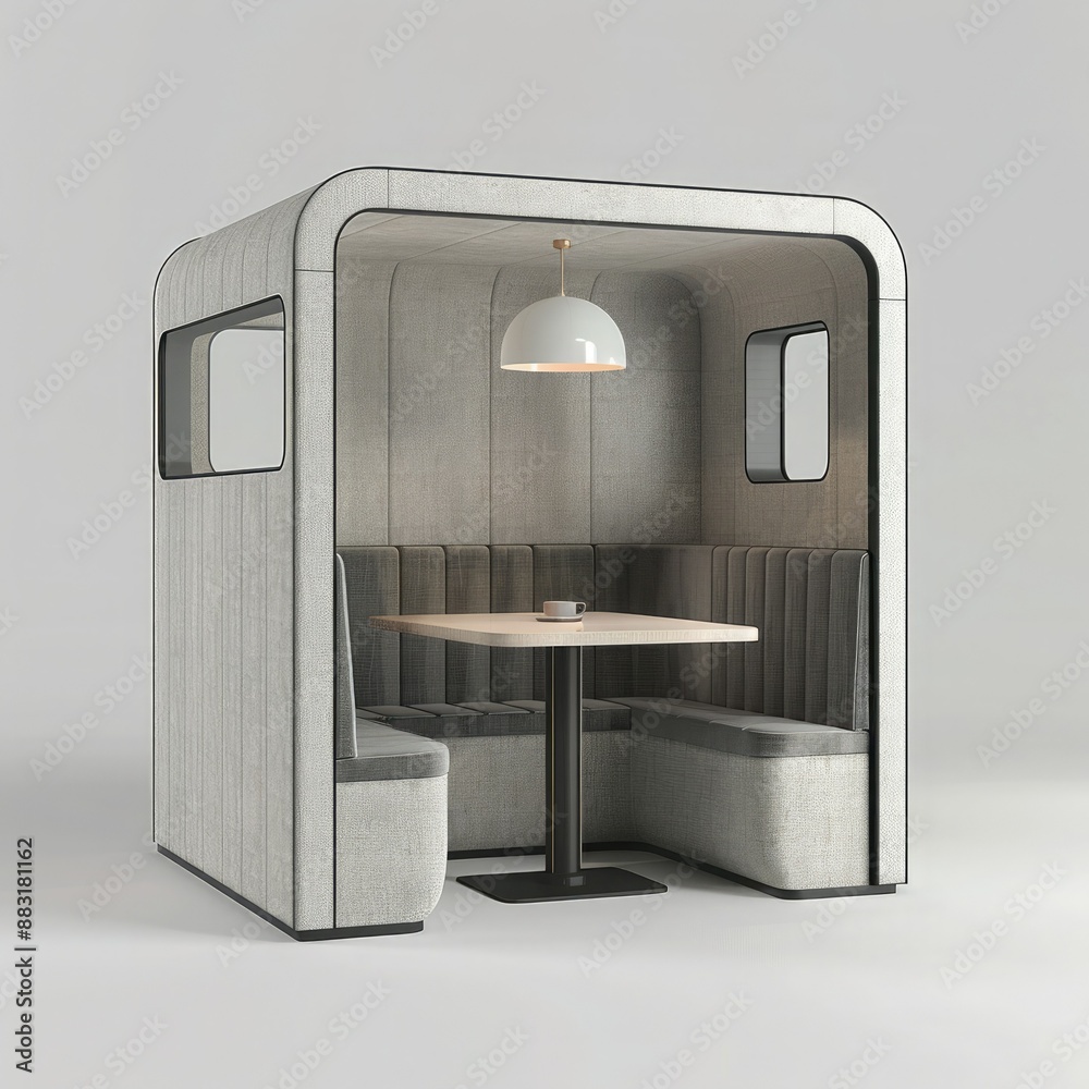Poster A 3D render of a blank booth system featuring a unique, modular design that can be customized and rearranged. 