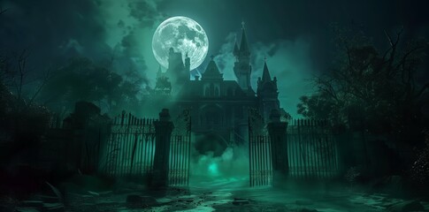 Gothic style background with moon and gothic castle, dark green color scheme, mysterious misty night scene with gate in front of the haunted mansion. Scary vampire concept
