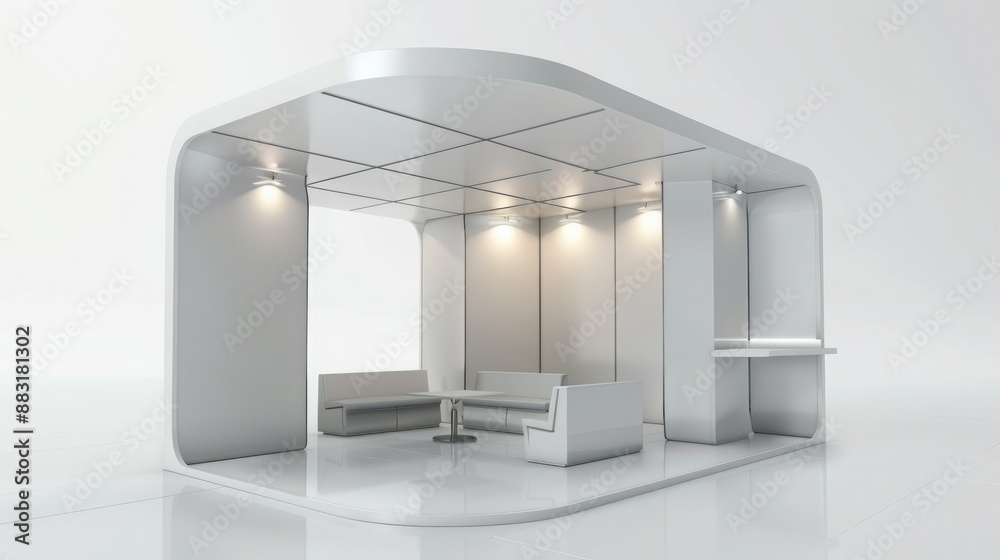 Aufkleber A 3D render of a blank booth system featuring a unique, modular design that can be customized and rearranged. 