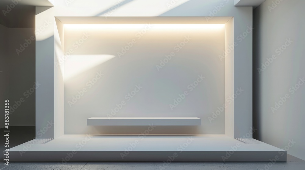 Poster A blank booth system in a minimalist style, with a clean, uncluttered design and soft, ambient lighting. 