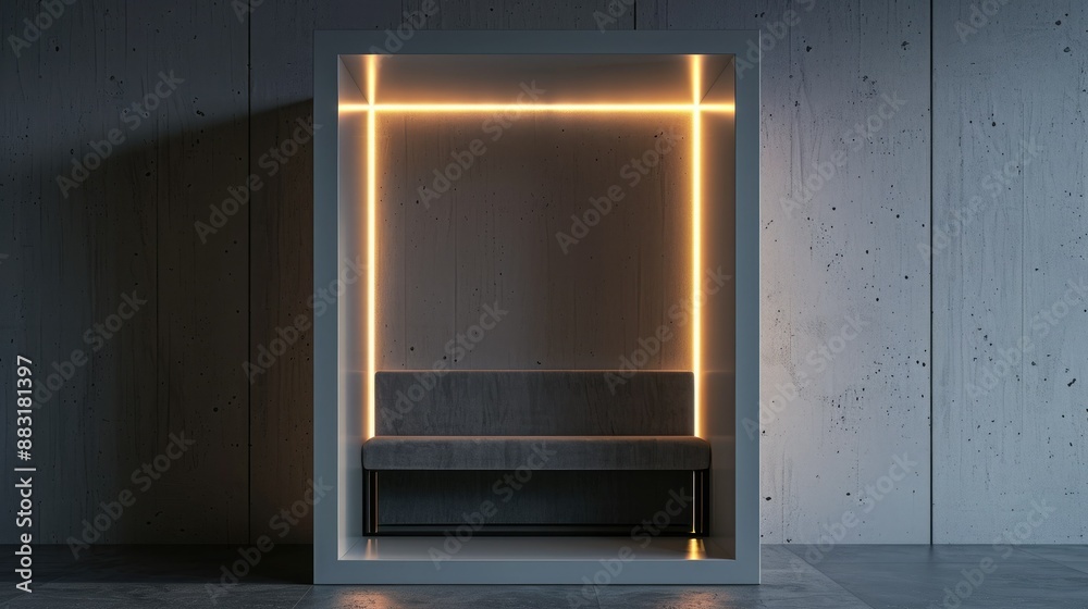 Poster a blank booth system in a minimalist style, with a clean, uncluttered design and soft, ambient light