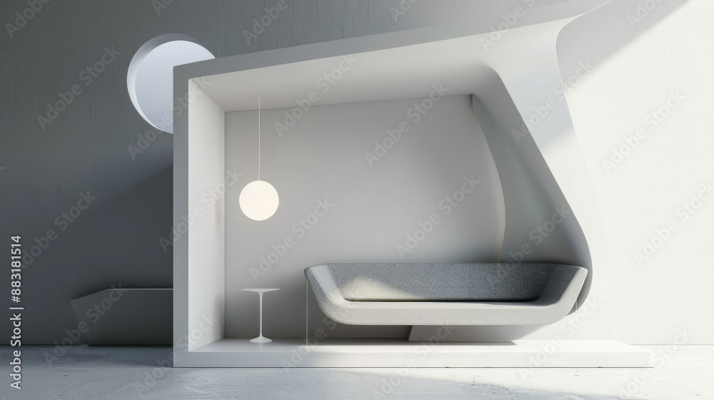 Aufkleber a blank booth system with a striking, asymmetrical design, set against a monochromatic background fo