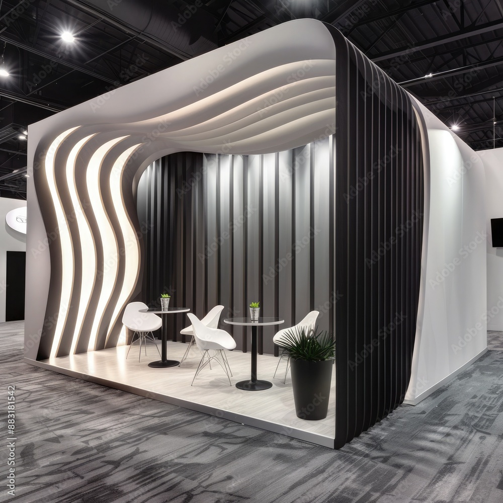 Poster a blank booth system with a striking, asymmetrical design, set against a monochromatic background fo