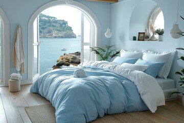 Bedroom with Light Blue Polka Dot Duvet Cover and Sea View

