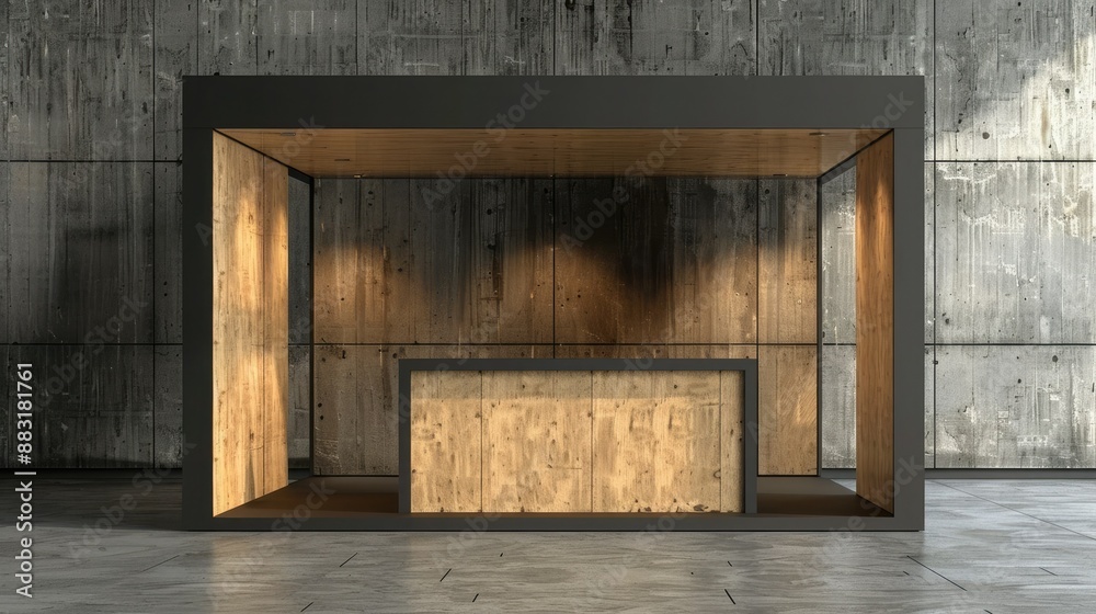 Poster A 3D render of a blank booth system with a combination of materials, such as wood and metal, for a sophisticated appearance. 