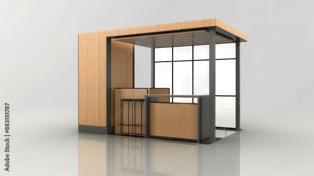 Poster A 3D render of a blank booth system with a combination of materials, such as wood and metal, for a sophisticated appearance. 