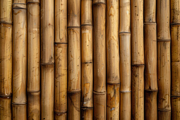 Fototapeta premium Bamboo wood background, light brown in color, vertical lines of bamboo texture shown close-up from a top view with high resolution and quality details.