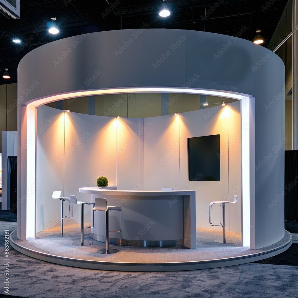 Poster A blank booth system in a circular shape, with a seamless, wrap-around display area for a visually striking presentation.