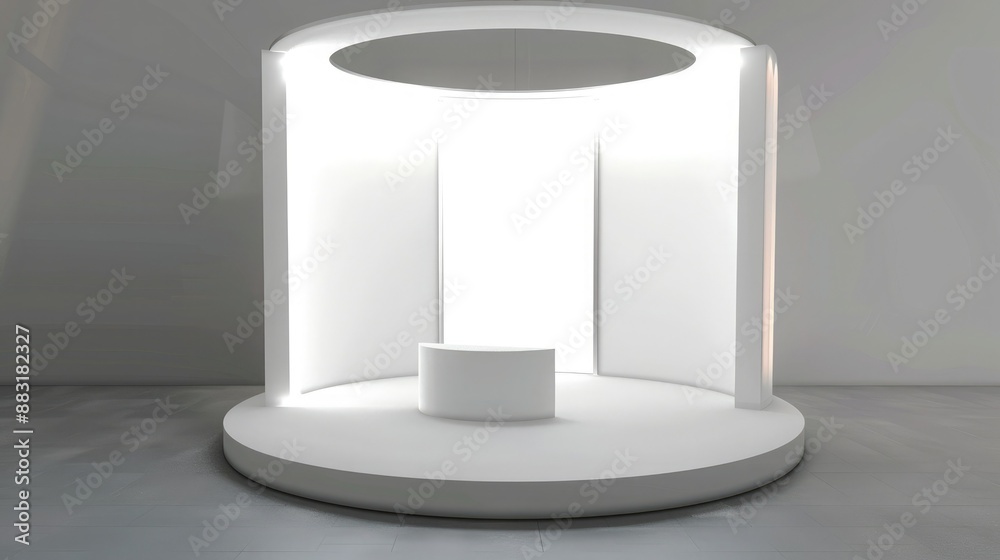 Aufkleber A blank booth system in a circular shape, with a seamless, wrap-around display area for a visually striking presentation.