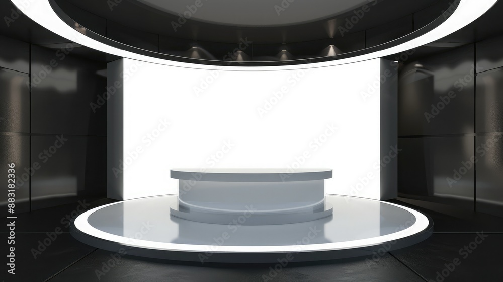 Poster A blank booth system in a circular shape, with a seamless, wrap-around display area for a visually striking presentation. 