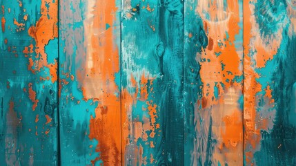 Blue and orange wooden fence with peeling paint texture background