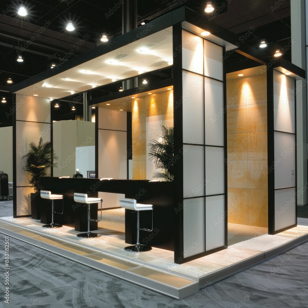 Poster A blank booth system with an elevated platform and backdrop wall, providing a focal point for graphic displays.