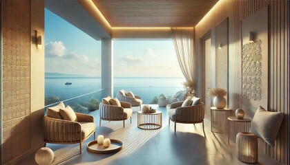 Obraz premium Tranquil Balcony with Ocean View and Cozy Armchairs