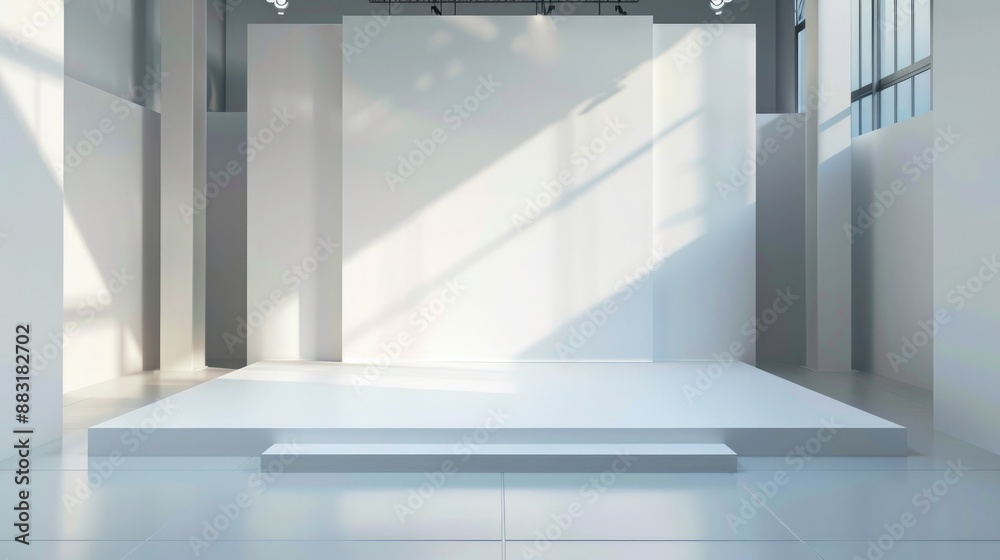 Poster A blank booth system with an elevated platform and backdrop wall, providing a focal point for graphic displays. 