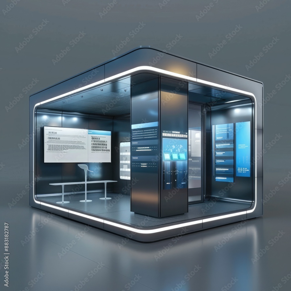 Poster A 3D render of a blank booth system with interactive elements, such as touch screens or digital displays. 