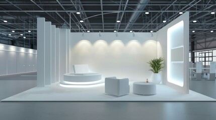 A blank booth system with an elevated platform and backdrop wall, providing a focal point for graphic displays.