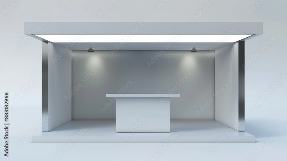 Poster A blank booth system with a canopy and open sides, offering a spacious and welcoming area for showcasing content.