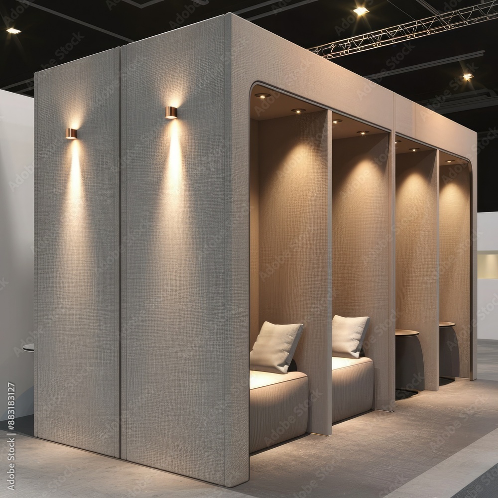 Poster a sleek, modern blank booth system with clean lines and a minimalist design, set against a neutral b