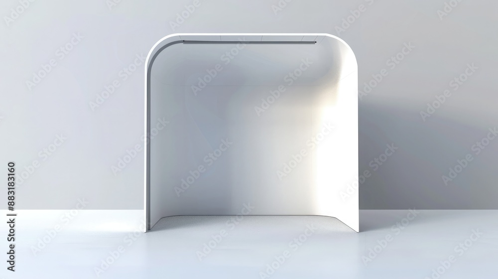 Aufkleber A 3D render of a blank booth system featuring a simple, open design with white walls and a smooth, curved canopy.