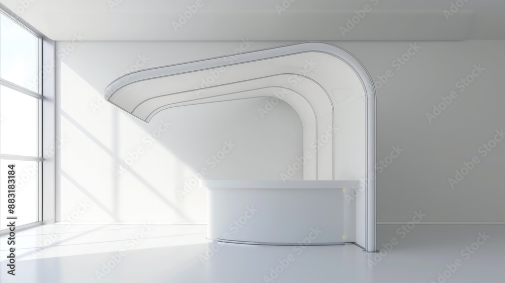 Poster A 3D render of a blank booth system featuring a simple, open design with white walls and a smooth, curved canopy.