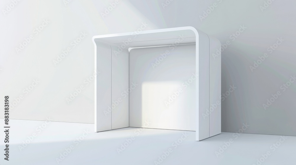Aufkleber A 3D render of a blank booth system featuring a simple, open design with white walls and a smooth, curved canopy. 