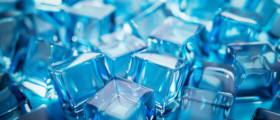 A collection of clear, blue ice cubes densely packed together, reflecting light and showcasing their crystalline structure.