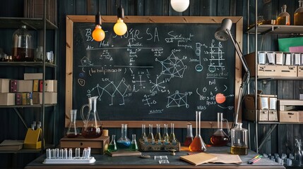 Science blackboard with math. Real physical equations of relativity theory, string theory and quantum mechanics. AI generated illustration