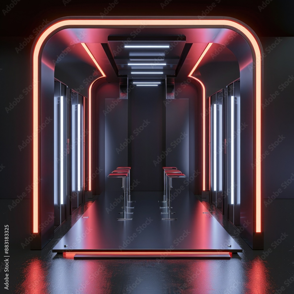 Poster A 3D render of a blank booth system with a futuristic, high-tech design, featuring LED lights and sleek surfaces.