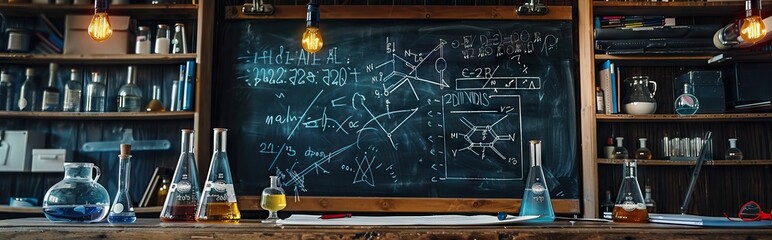 Science blackboard with math. Real physical equations of relativity theory, string theory and quantum mechanics. AI generated illustration