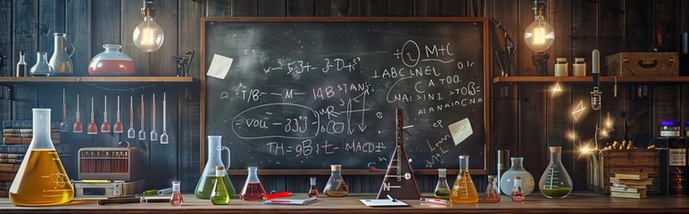 Science blackboard with math. Real physical equations of relativity theory, string theory and quantum mechanics. AI generated illustration
