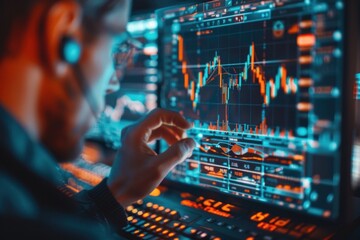 A close-up shot of a person's hand pointing at a computer screen with stock market data charts displayed