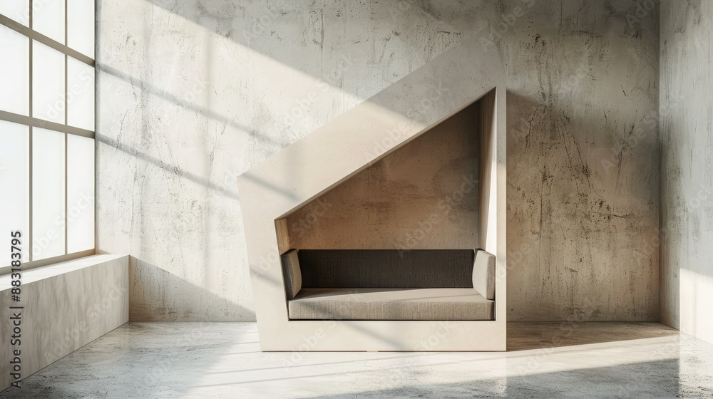 Poster A blank booth system in a geometric shape, with sharp angles and a neutral color palette for a contemporary aesthetic