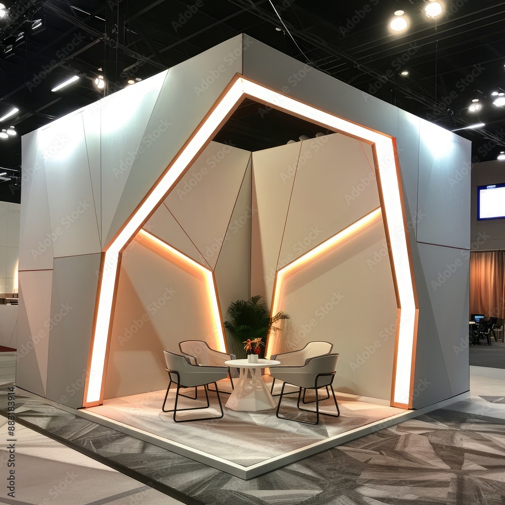 Poster A blank booth system in a geometric shape, with sharp angles and a neutral color palette for a contemporary aesthetic.