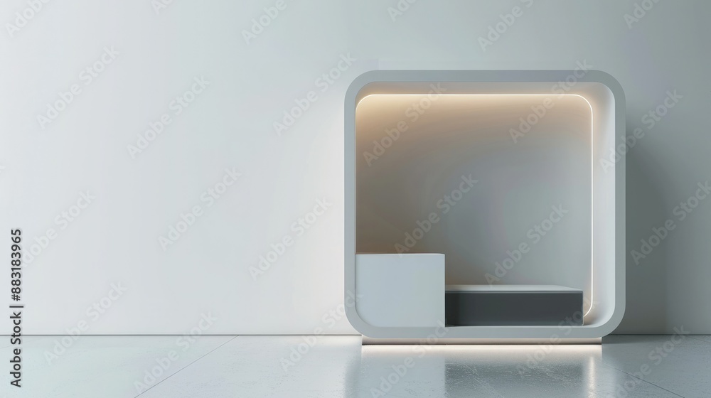 Poster a sleek, modern blank booth system with clean lines and a minimalist design, set against a neutral b