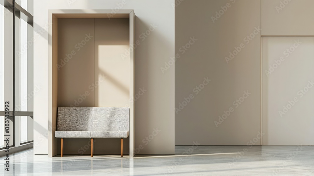 Poster a sleek, modern blank booth system with clean lines and a minimalist design, set against a neutral b