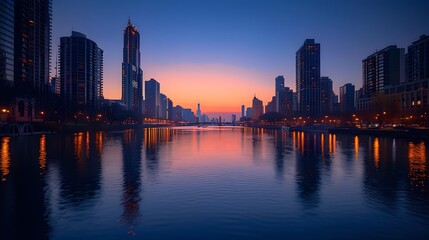 Fototapeta premium City skyline at dusk, gradient from buildings to twilight sky