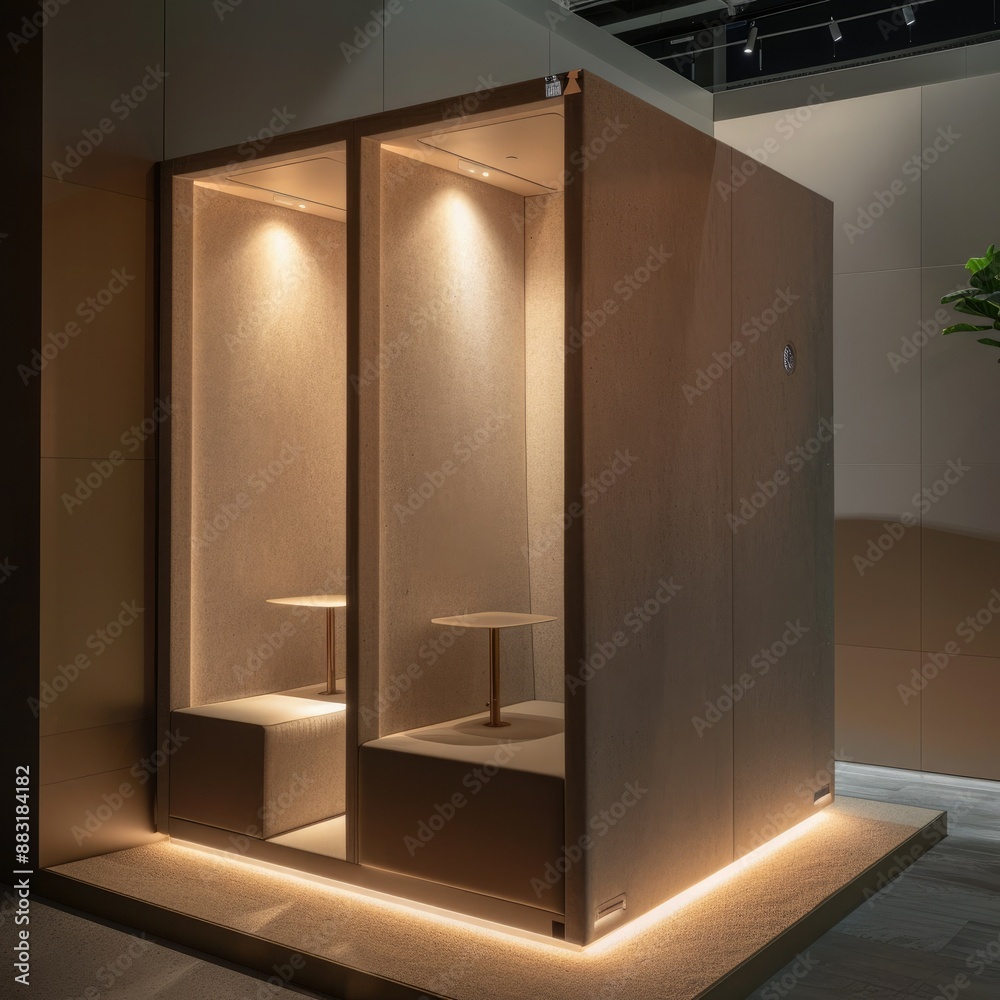 Poster a blank booth system in a minimalist style, with a clean, uncluttered design and soft, ambient light