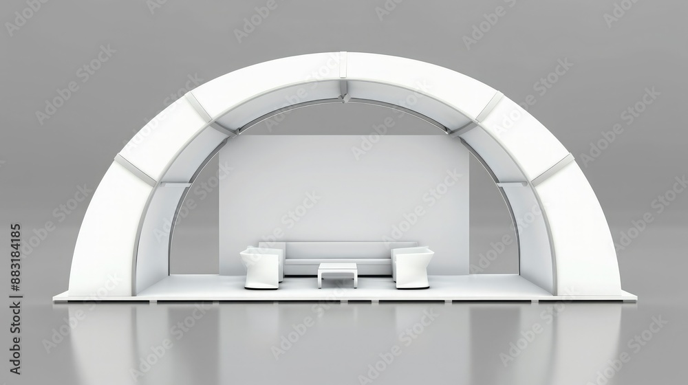 Poster A blank booth system with an arching structure, providing an inviting space for displaying graphics or promotional materials. 
