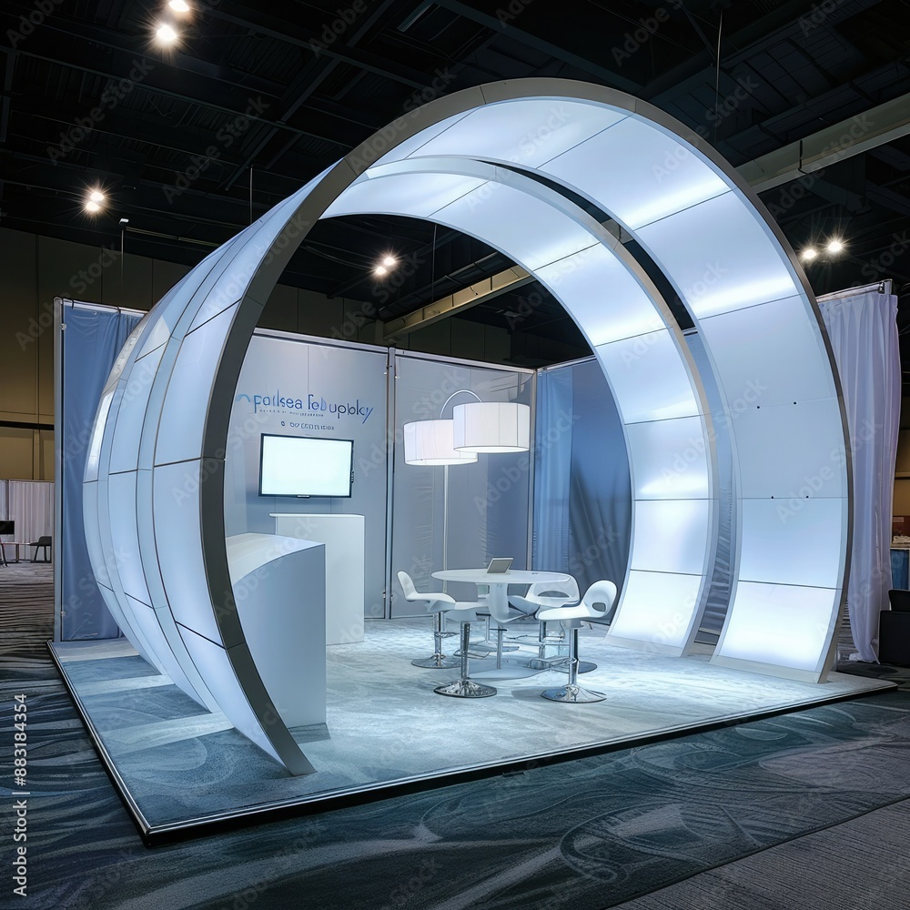 Aufkleber A blank booth system with an arching structure, providing an inviting space for displaying graphics or promotional materials. 