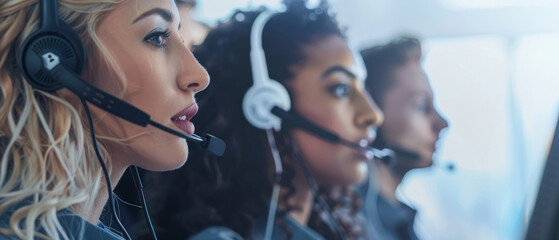 A focused group of diverse call center agents sporting headsets, diligently attending to calls in a modern work environment.